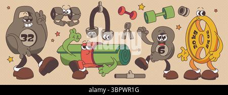 Groovy sport equipment characters with cartoon faces - smiling kettlebell, flexing dumbbell, yoga mat, hand grippers and weight plates doing exercises. Retro fitness mascots for gym workout stickers. Stock Vector