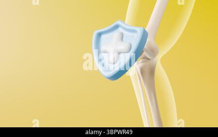 3d medical knee joint model with blue shield protection icon - anatomical leg bones femur and tibia connection on yellow bg. Healthcare orthopedic safety concept for injury prevention presentation. Stock Vector