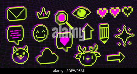Neon pixel icons with 3d effect on dark grid - glowing emoticon elements of envelope and crown, magnifying glass and hearts, chat bubble and smiling face, star and arrow for arcade aesthetic designs. Stock Vector
