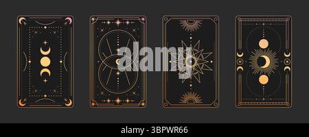 Mystical tarot frame designs with celestial symbols - golden cards with moon phases, sacred geometry star, sun rays and cosmic circles on black background for fortune telling deck, esoteric art. Stock Vector