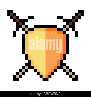 Shield sword in pixel art style isolated on white background Stock Vector