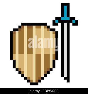 Shield and sword in pixel art style Stock Vector