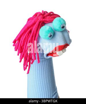 Funny sock puppet with hair isolated on white Stock Photo