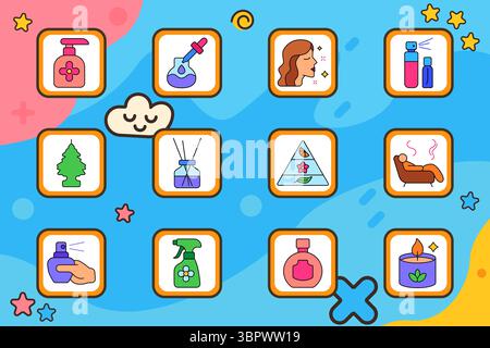 Aromatherapy set icon. Soap bottle, essential dropper, woman enjoying smell, spray set, tree freshener, aroma sticks, scent pyramid, cozy chair, perfu Stock Vector