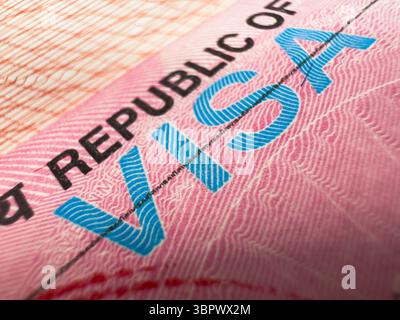 Visa in passport for world travel, India visa, tour, airport, customs, news, closed borders, nationality. Macro photo. High quality photo Stock Photo