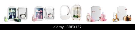 Set of small cosmetic refrigerators on white background Stock Photo