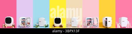 Set of small cosmetic refrigerators on color background Stock Photo