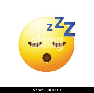 High quality emoticon on white background. Sleeping emoji vector illustration. Yellow face emoji with closed eyes. Popular chat elements. Stock Vector