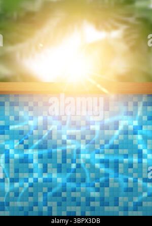 Pool party vertical poster with tropical leaf and blue mosaic tile pool water. Summer vacation design template. Jungle palm resort background vector d Stock Vector