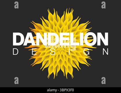 Yellow flower abstract logo design vector template. Logotype flower shop icon. Yellow single dandelion illustration on black background. Stock Vector