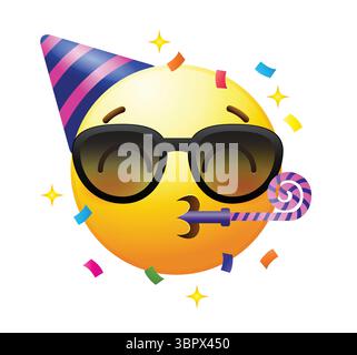 Party emoji with party hat and horn. Celebration emoticon vector icon. Stock Vector