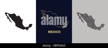 MEXICO Black, Gold, Sketch Map Vector Illustration Abstract Editable image Stock Vector