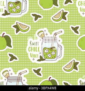 Seamless Pattern. Guava Green Drink smoothie in mason jar with ice cubes on checkered Background with tropical Fruit, white slices and Mint leaves. Su Stock Vector