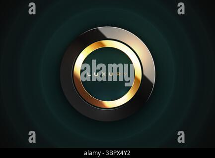 Glossy black glass luxury circle golden frame. Border logo, name ring, label. Realistic black gold frame, luxury dark green abstract waves background Stock Vector