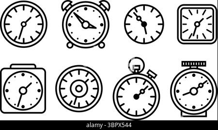 Clock face linear icon set. Time scale. Vector thin line icons isolated on white background. Alarm clock, stopwatch, watch, wall clock logo design. Stock Vector