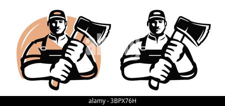 Lumberjack with axe, emblem or logo. Worker in cap with working tool for cutting down trees Stock Vector