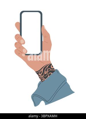 Tattooed hand holding smartphone with blank screen Stock Vector