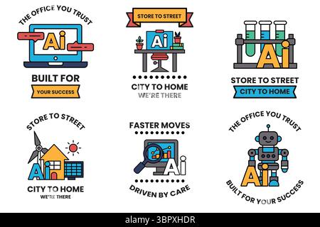 A Set of illustrations in the concept of Artificial Intelligence in line art style Stock Vector