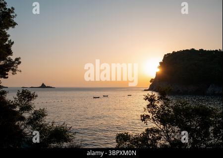 Sunset over a tranquil sea with silhouetted trees and distant boats. Stock Photo