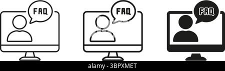 Computer Screen With Faq Speech Bubble Icon Set. Online Support, Customer Service, Information Assistance Symbol Collection. User Guidance And Help Stock Vector