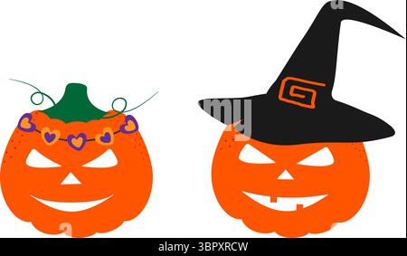 Hand Drawn Halloween Pumpkins in hearts wreath and in Witch Hat Cute Characters Halloween elements. Isolated Vector illustration Halloween Sticker Icon Thematic content Greeting Cards, leaflets, posts Stock Vector