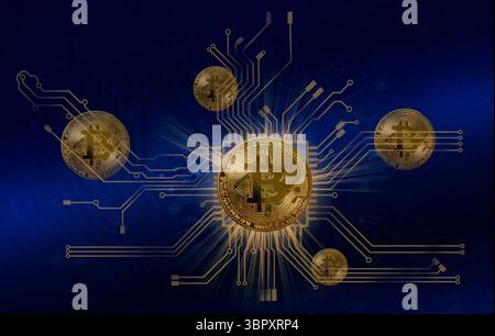 Bitcoins against computer circuitry background Stock Photo