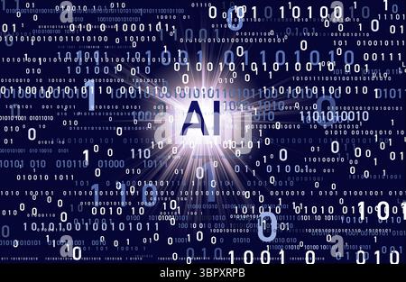 Binary numbers of varying sizes and AI symbol against dark blue background Stock Photo