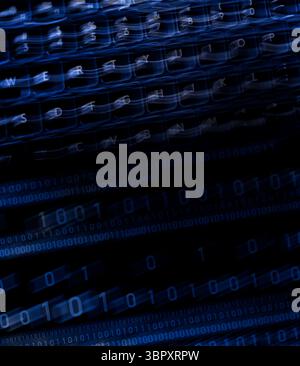 Blur motion computer keyboard with pattern of binary computer numbers Stock Photo