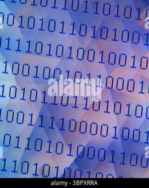 Lines of binary computer numbers against abstract, graphic background Stock Photo