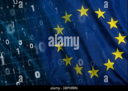 Flag of the European Union superimposed over computer, binary numbers Stock Photo