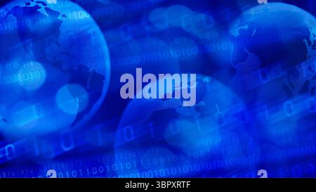 Blue background of world globes with binary numbers super-imposed Stock Photo