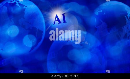 Blue background of globes with letters "AI" and binary numbers super-imposed Stock Photo