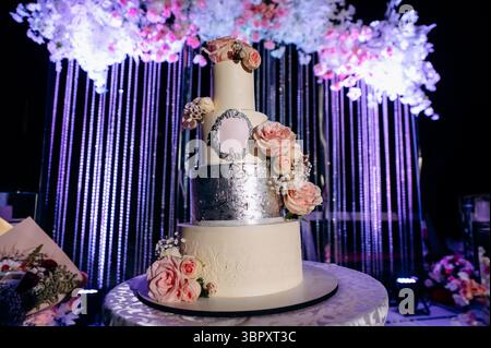 Low angle shoot of elegance Wedding cake decorated with flowers and ribbons on the table. Evening decoration and colour lights Stock Photo