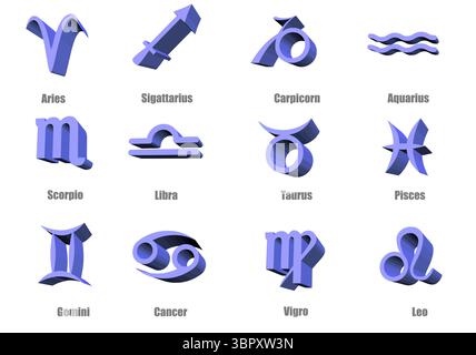 3d Zodiac signs astrological horoscope vector hand drawn image Stock Vector