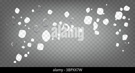 Vector layout with water droplets on dark transparent background. Ideal for wide designs, banners, or splash illustrations. Stock Vector