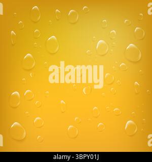 Realistic transparent drops on bright yellow background. Suggests beer, juice, or oil. Great for beverage ads and liquid designs. Stock Vector