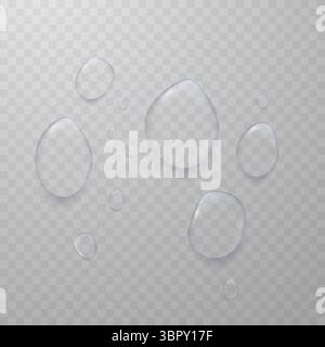 Realistic vector illustration of scattered water drops on a transparent background. Great for design, dew effect, or condensation. Stock Vector