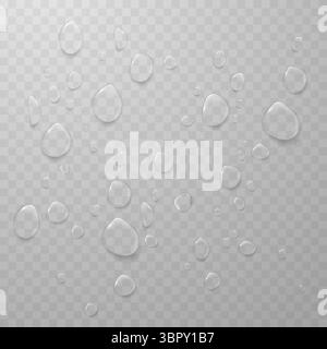 Vector illustration of realistic water droplets on a transparent background. Perfect for design templates, wet textures, or condensation effects. Stock Vector