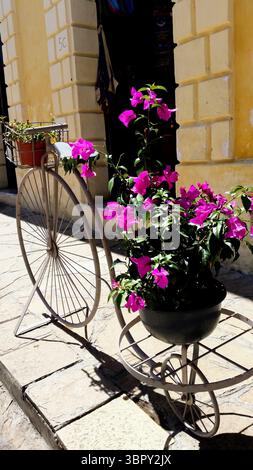Very old decorative bicycle adorned with natural flowers Stock Photo