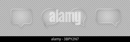 Set of realistic glossy glass speech bubbles in liquid glass style isolated on light background. Vector 3d illustration. Stock Vector