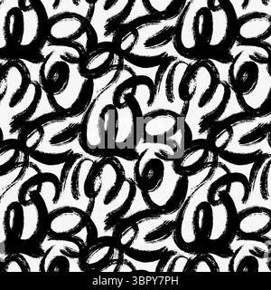 Seamless pattern of black paint swirled lines. Abstract wavy and curly shapes with dry brush texture. Great for wallpaper, textile prints, wrapping pa Stock Vector