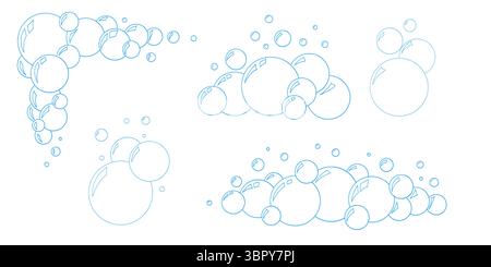 Vector doodle soap bubbles outline set. Hand drawn water bubbles with sparkle reflections. Blue soda bubble sketch collection isolated on white. Clean Stock Vector