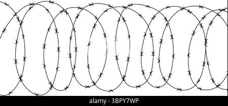 Barbed wire vector border. Metal barb fence silhouette in minimal style. Prison, war or security concept. Chain wire line background. Isolated barbwir Stock Vector