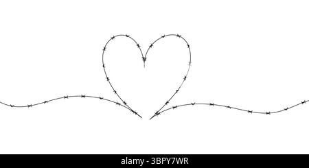 Barbed wire in the shape of a heart. Symbolic vector illustration for prison, pain, war, or restricted love concept. Sharp metal silhouette on white b Stock Vector