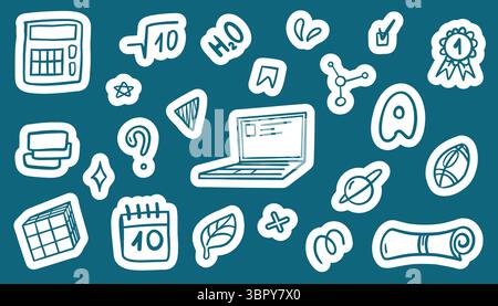 Colorful school sticker collection with backpacks, books, clocks, and lunchboxes. Hand-drawn doodle icons ideal for planners, digital scrapbooks, or c Stock Vector