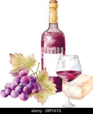 Rustic breakfast with red wine, cottage cheese, bread, grapes, and cheese. Ideal for farm-to-table branding, eco food blogs, vineyard promotions, and Stock Vector