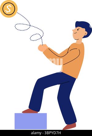 Man holds money, catches it. Concept of financial well-being, success. Isolated illustration of man with coin on white background. Stock Vector