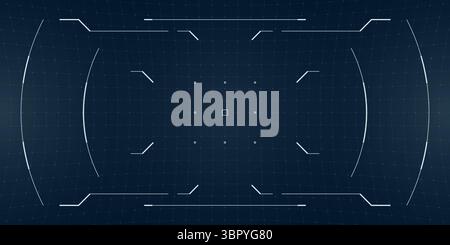 Military cyber interface with glowing reticle and blueprint grid. HUD layout blends futuristic data design with camera overlays and sci fi glitch elem Stock Vector