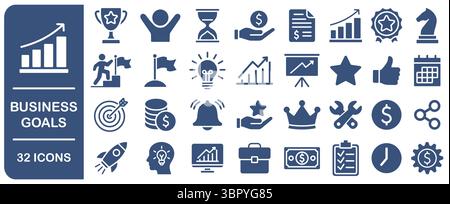 Business goal vector web icon set. Business strategy success goals icons collection. Including process, target, aim, focus, human resource, winner, ac Stock Vector
