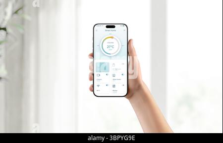 Smartphone displaying smart home cooling control and device monitoring on clean white background Stock Photo